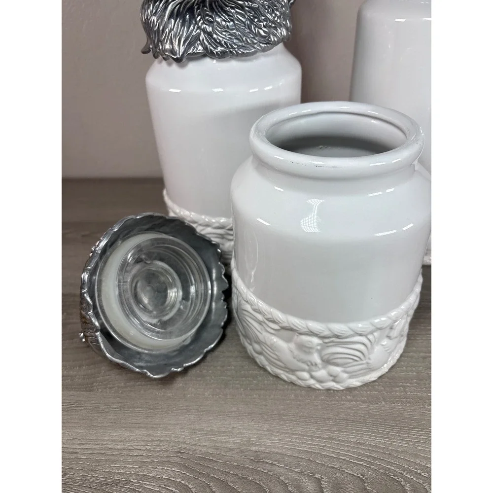 Arthur Court White Canisters‎ with Design and Aluminum Roosters 2004 Set of 3